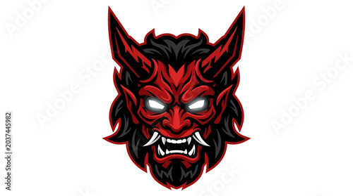 Scary Red Oni Mask Demon Face with Glowing Eyes - Japanese Folklore