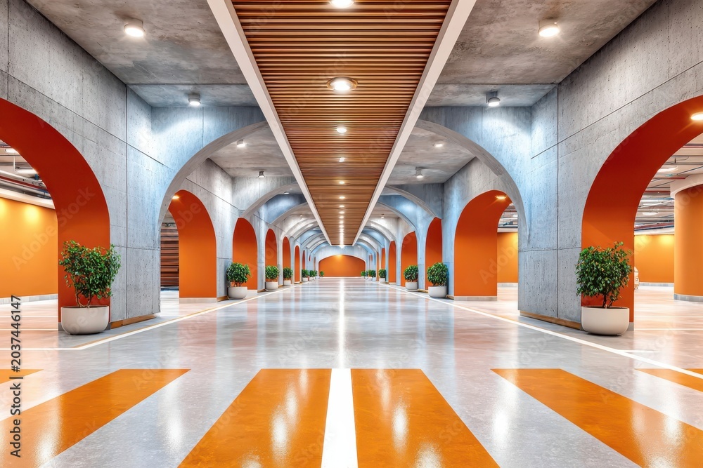 Naklejka premium Empty underground parking garage with strong perspective, orange arches and modern concrete design