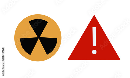 danger warning sign, icons of a radiation symbol and a red warning triangle, isolated on a white or png background.