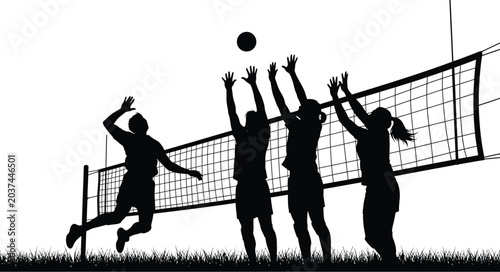 Silhouette of volleyball players jumping at the net during match vector illustration