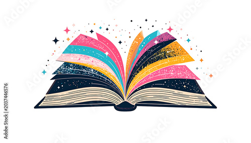 Open book with colorful pages radiating light and sparkles, representing imagination and knowledge