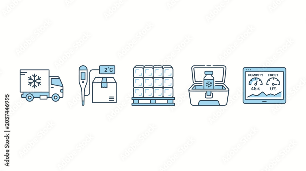 Obraz premium Cold chain logistics and refrigerated medicine transport icon set