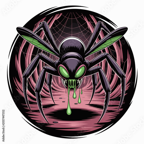 Foto Spider with green eyes and fangs.