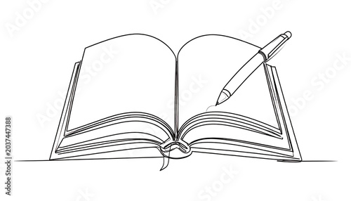 Open book with pen poised to write, symbol of knowledge, learning, and education, outline illustration