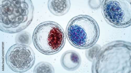 Foto Microscopic Close Up of Embryonic Stem Cells Division, Human Blastocyst or Zygot