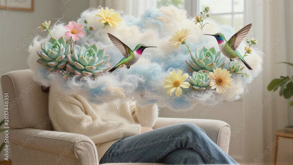 Obraz premium Person relaxes in armchair dreaming of hummingbirds and flowers