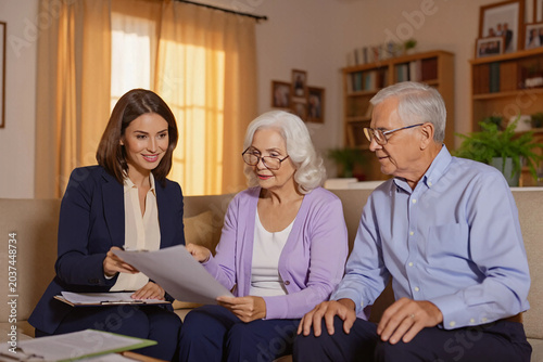Businesswoman consulting senior couple with documents