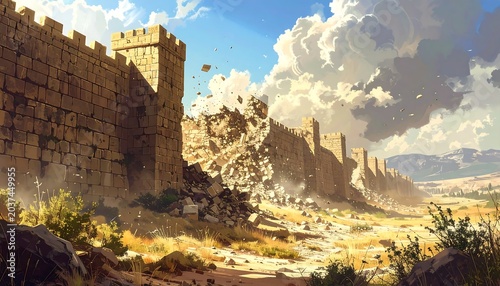 A ruined ancient fortress wall under a stormy sky