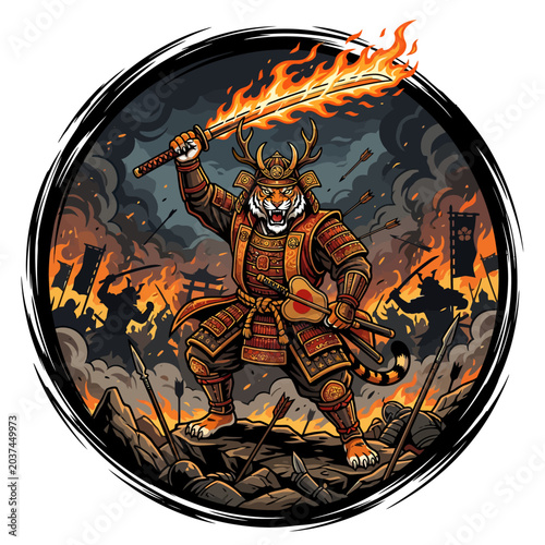 Obraz na plátne Samurai warrior with flaming sword standing.