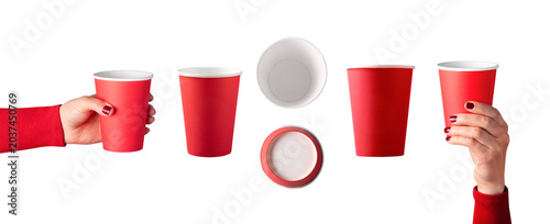 Collection of red paper cups with hands holding, isolated on transparent background. Versatile modern design for beverage, party, or branding concepts.