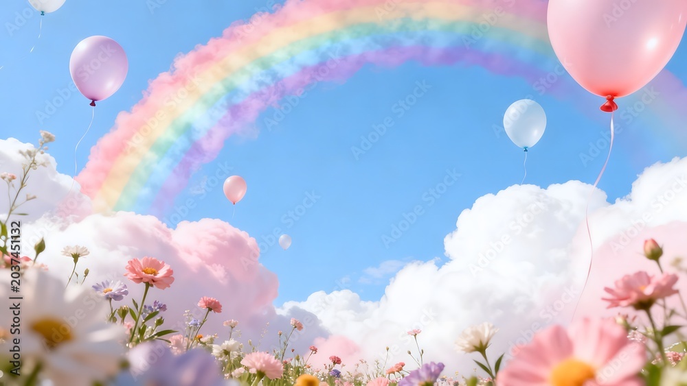 Obraz premium Colorful rainbow with balloons and flowers