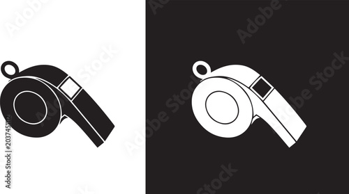 Black and white whistle icon for sports and referee signaling isolated on white background for design and communication