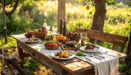 A rustic outdoor dining table set with food and wine in a serene natural setting