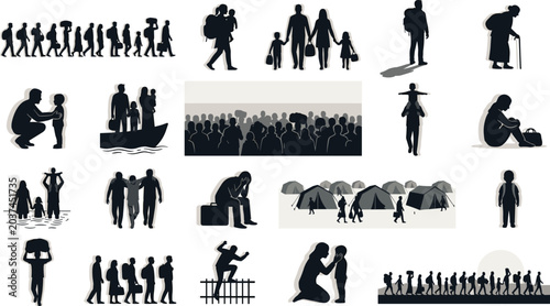 Tableau sur toile Refugee crisis and migrant silhouette vector set, people fleeing with luggage, b