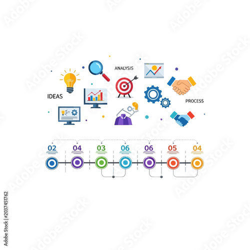 Business icons set with a numbered project timeline infographic.