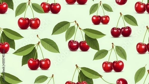 Seamless Cherry Pattern with Ripe Red Cherries and Green Leaves on Pastel Background