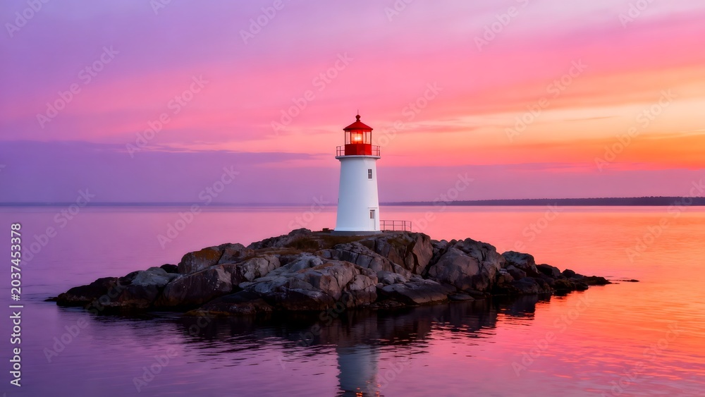 Obraz premium Lighthouse on rocky island at sunset