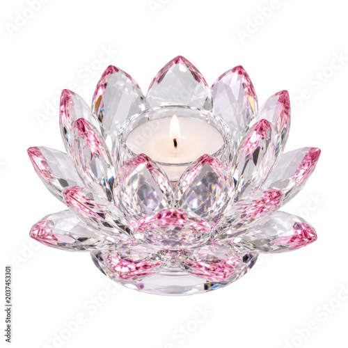 Pink crystal lotus flower holder with lit candle inside decorative object