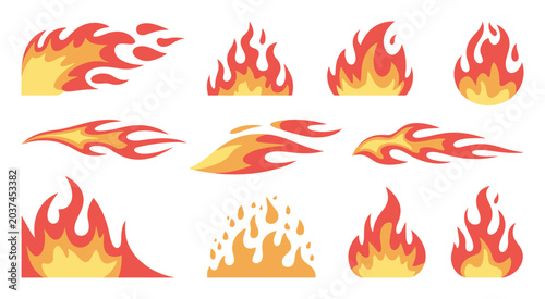 Принти на полотні Fire flame vector set, dynamic burning effects and blazing fire shapes, heat and