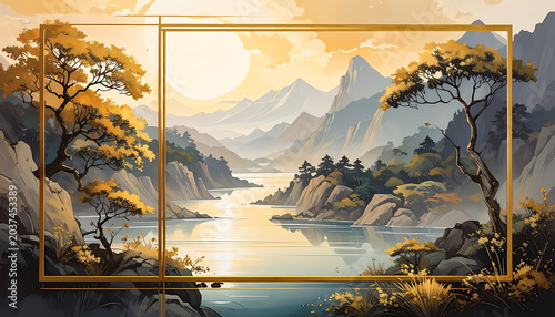 Pixel art landscape with a tranquil river flowing through misty mountains, framed by golden trees and a golden border, serene autumn scene