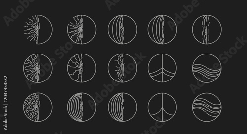 Cohesive set of abstract semi-circle line art symbols and nature-inspired icons on a dark background