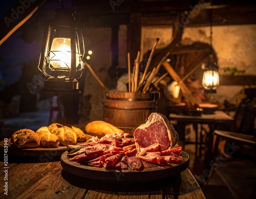 A rustic wooden table with a platter of cured meats and bread