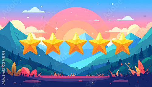 Pixel art landscape with five golden stars rating over mountains at sunset, representing customer satisfaction, best choice, excellent review