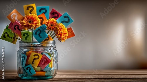 Colorful Question Mark Cards with Flowers in Glass Jar on Wooden Surface