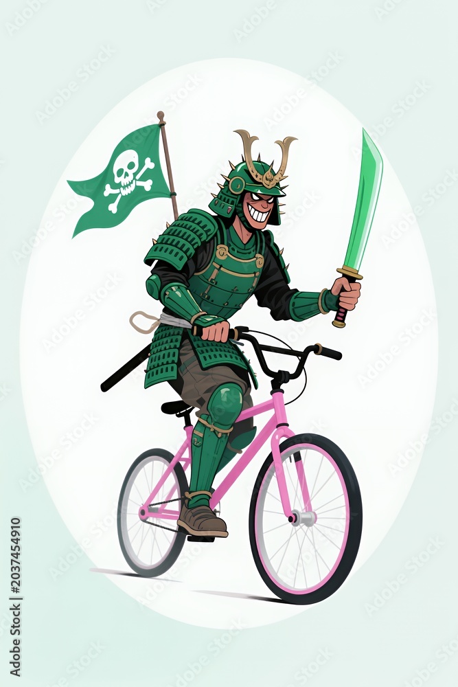 Naklejka premium Samurai Pirate on Pink Bicycle: Green Armor with Skull Flag Illustration