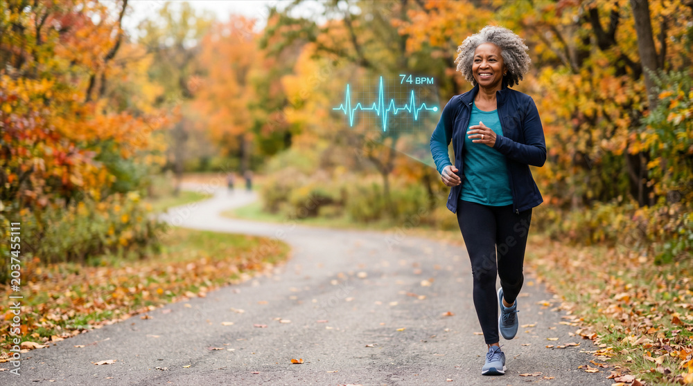 Obraz premium Active senior heart rate monitoring concept with wearable smartwatch during outdoor fitness training 
