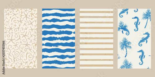 Foto Nautical Pattern Collection With Starfish Waves Stripes And Seahorses