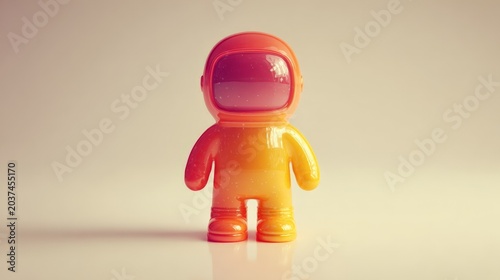 Small astronaut figure stands alone. Orange-yellow glow wraps its body. Soft light casts gentle shadows. Playful, whimsical vibe, childlike charm. Ideal for creative, educational, or fantasy projects