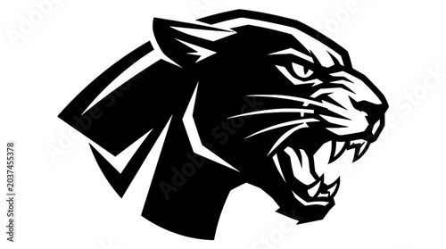 Foto Aggressive black panther head mascot roaring with open mouth