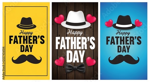 Three colorful father's day celebration posters with hats hearts and mustaches mustache celebration fatherhood typography gentleman illustration paternal masculine template parenting