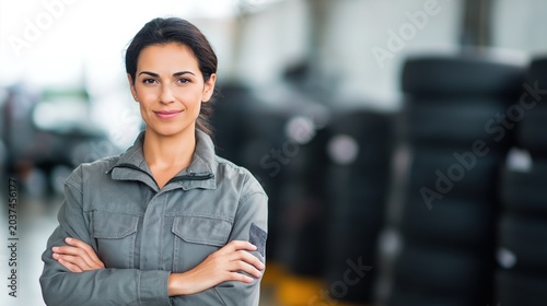 Confident female mechanic in grey workwear standing with arms crossed in tire warehouse. Automotive service, women in industry, tire retail, professional maintenance