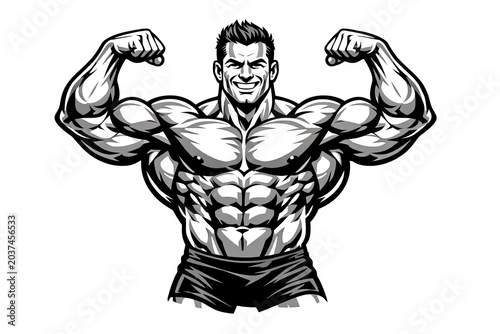 Ripped bodybuilder flexing bicep muscles.