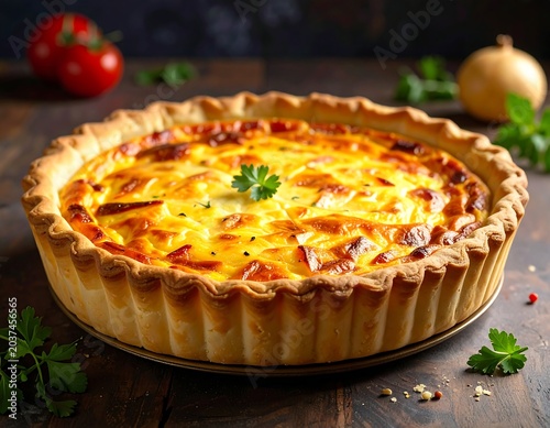 A savory pie with a golden crust and green herb