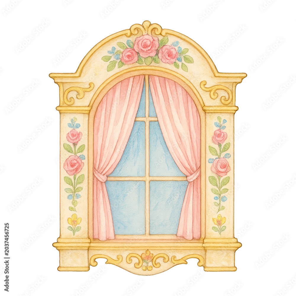 Obraz premium PNG Vintage floral window illustration.