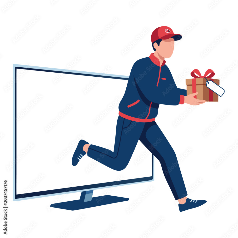 Fototapeta premium Delivery man jumping out of computer screen with gift box for online shopping