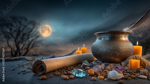 Celestial Night with Spiritual Ritual Items on Natural Surface