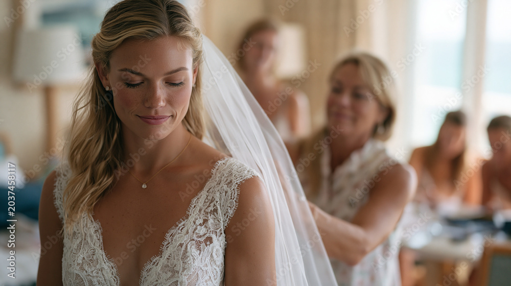 Fototapeta premium Morning bridal preparation scene of hairstylist pinning veil onto bride while mother of bride watches in background of sunlit suite, other bridesmaids reviewing ceremony timeline at table, summer we