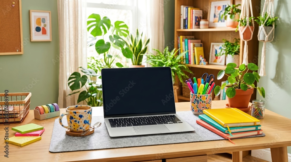 Fototapeta premium Home office desk with laptop surrounded by plants notebooks stationery and natural light streaming through window
