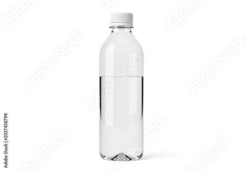 Clear plastic bottle with white cap and minimalist design isolated on white background