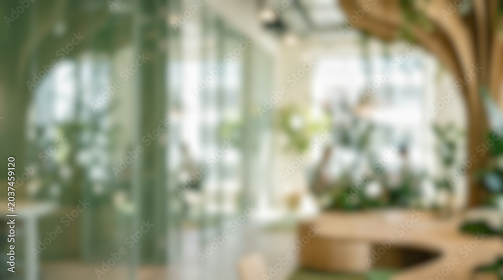 Fototapeta premium abstract out of focus blurred green eco office workspace interior eco-friendly sustainable corporate design glass walls tropical plants background