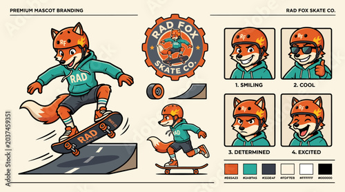 Fotografie Fox character skateboarding with safety gear.