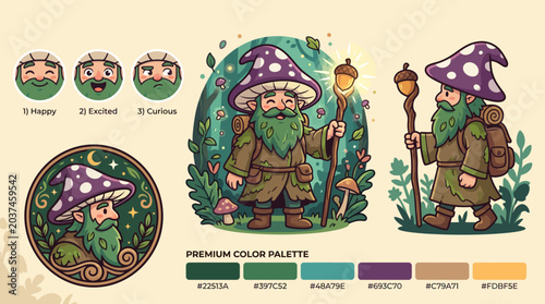Photos Whimsical gnome with mushroom and color palette.