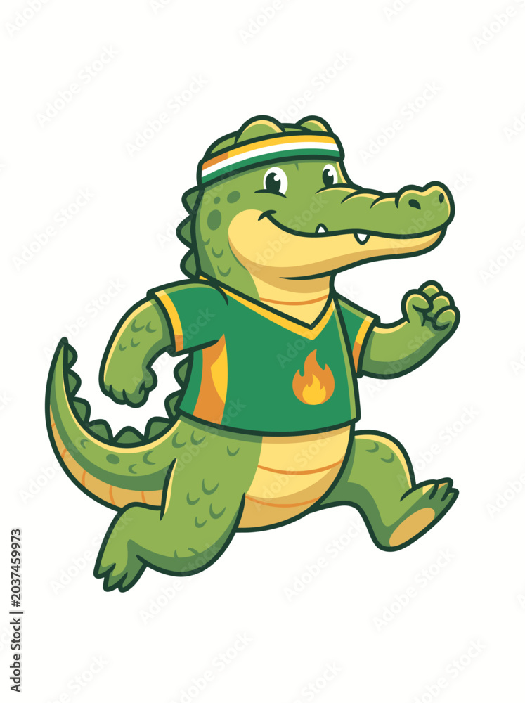 Obraz premium Cute Crocodile Mascot Running in Green Yellow Sports Shirt with Flame Logo