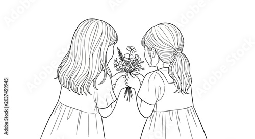 Two young girls admiring a bouquet of flowers together.