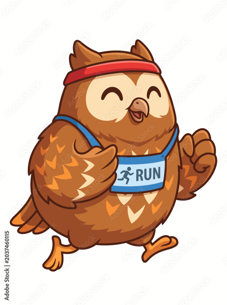 Fototapeta premium Chubby Owl Mascot Jogging with Run Race Bib and Red Headband Smiling