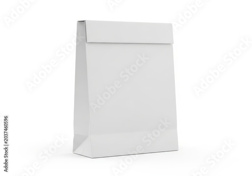 Standing white paper bag with top flap closure isolated on white background